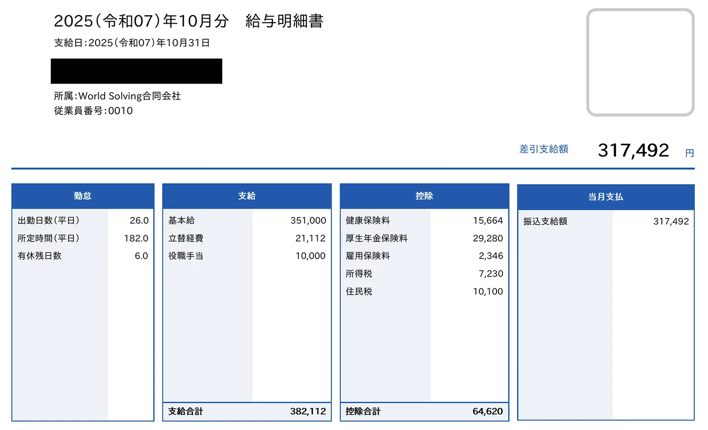 入社2年目社員の給与明細